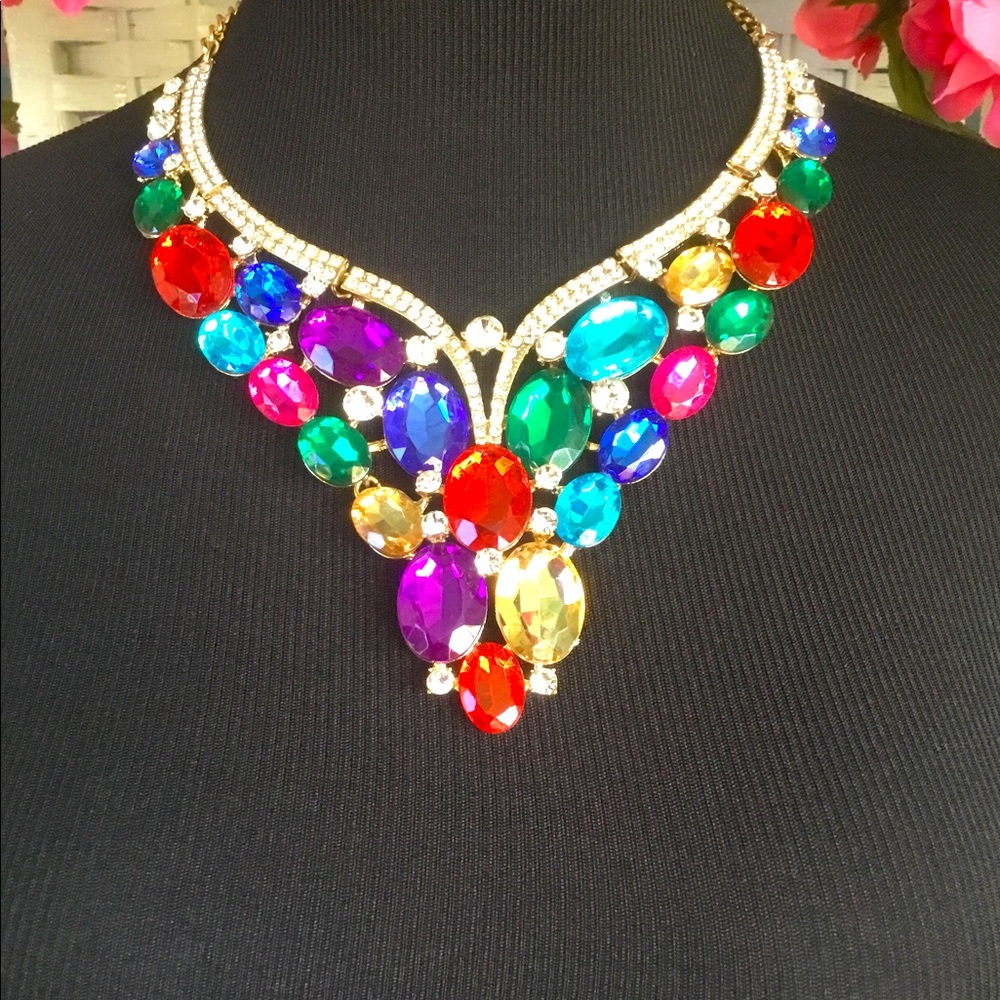 Multi Color Rhinestone Bib Statement Necklace and Earring Set Crystal New - Picture 4 of 6